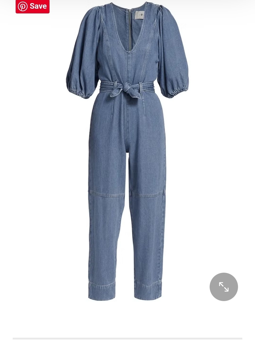 7 For All Mankind Light Blue Denim Puff-Sleeve Jumpsuit with Self-Tie Waist
